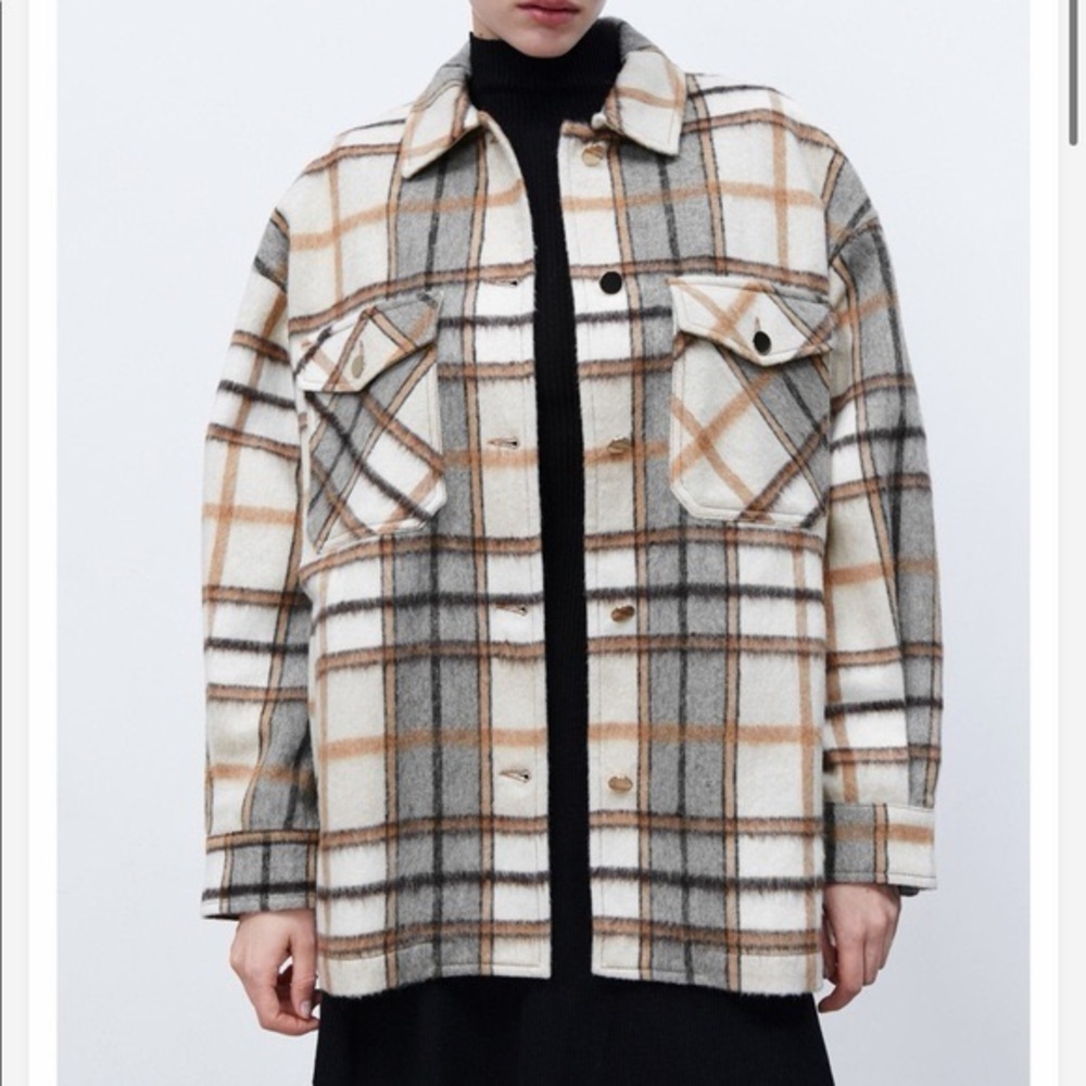 Zara Plaid Shacket, Brown/Tan/Cream